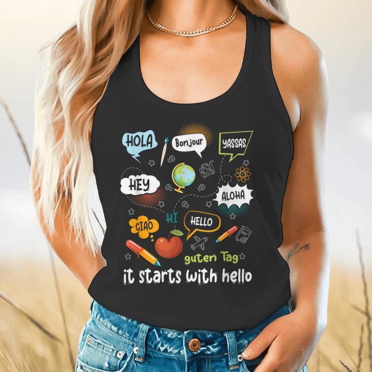 Friendship Inclusion Language Teacher It Starts With Hello Flowy Tank, gift for family, gift for coworker Friendship Inclusion Language Teacher It Starts With Hello Flowy Tank, gift for family, gift for coworker
