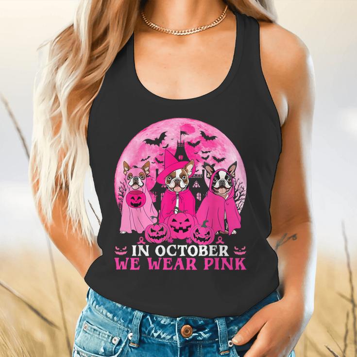 Ghost And Witch Boston Terrier Dog In October We Wear Pink Flowy Tank, gift for family, gift for coworker