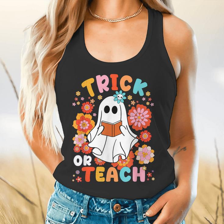 Groovy Halloween Trick Or Teach Retro Floral Ghost Teacher For Men Women Kids Flowy Tank, gift for family, gift for coworker