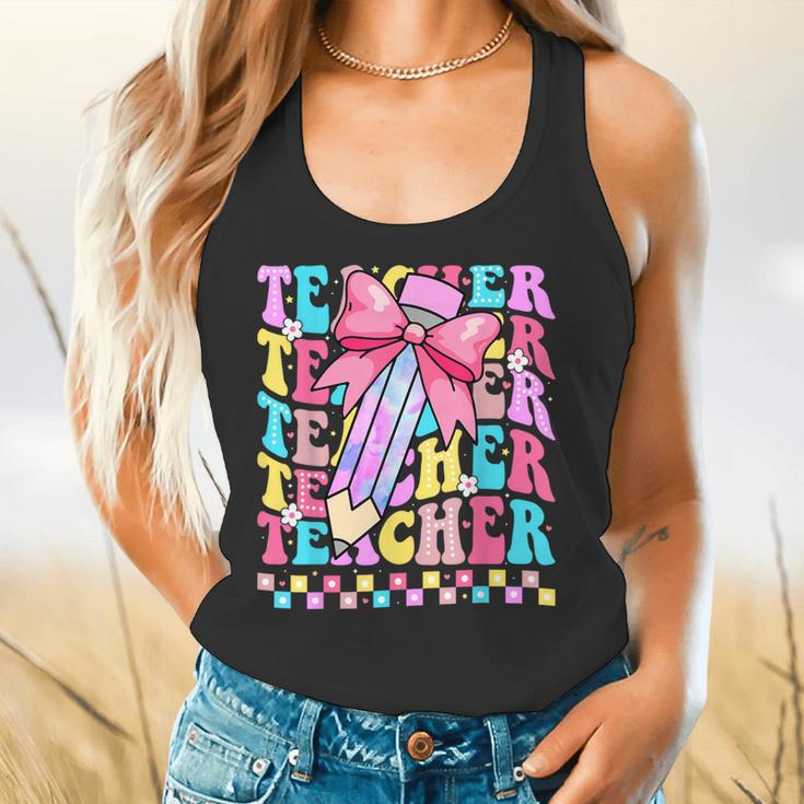 Groovy Teacher Cute Coquette Bow Flower Retro Back To School Flowy Tank, gift for family, gift for coworker Groovy Teacher Cute Coquette Bow Flower Retro Back To School Flowy Tank, gift for family, gift for coworker