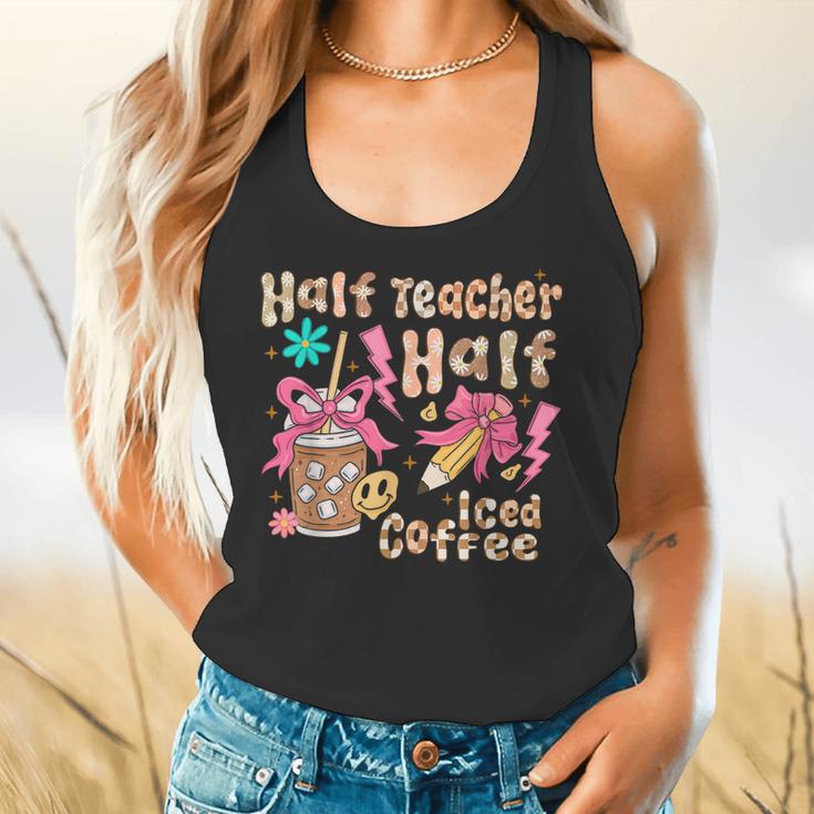 Half Teacher Half Iced Coffee Back To School Flowy Tank, gift for family, gift for coworker Half Teacher Half Iced Coffee Back To School Flowy Tank, gift for family, gift for coworker