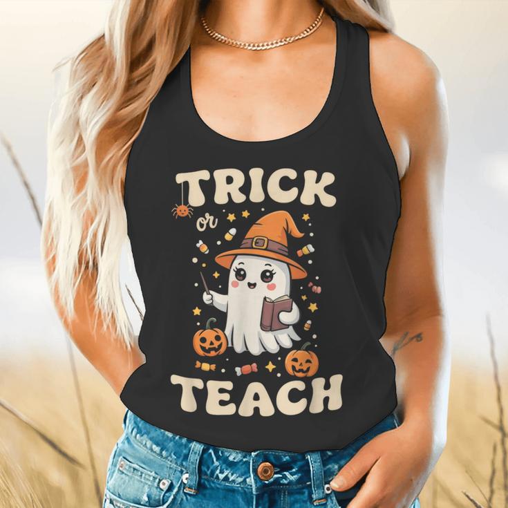 Halloween Teacher Shirts Women School Trick Or Teach Groovy Flowy Tank, gift for family, gift for coworker