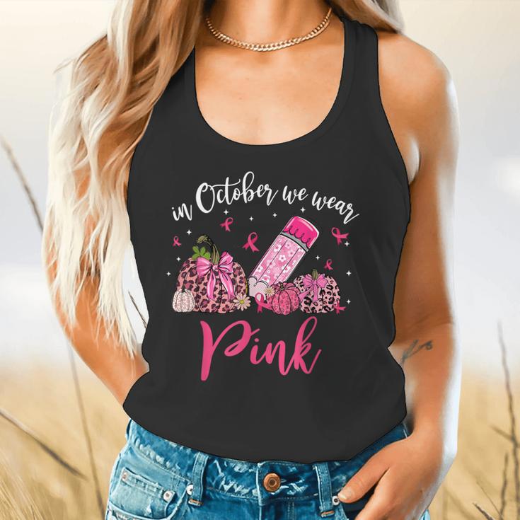 In October We Wear Pink Apple Teacher Daisy Breast Cancer Flowy Tank, gift for family, gift for coworker