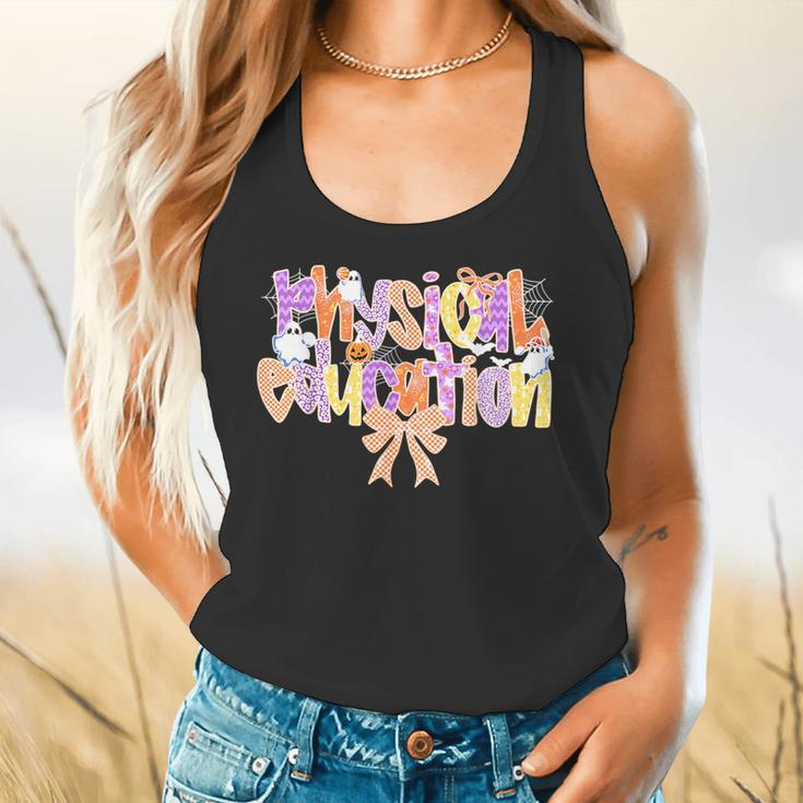 Physical Education Halloween Bow Checkered Teacher Ghost PE Flowy Tank, gift for family, gift for coworker Physical Education Halloween Bow Checkered Teacher Ghost PE Flowy Tank, gift for family, gift for coworker