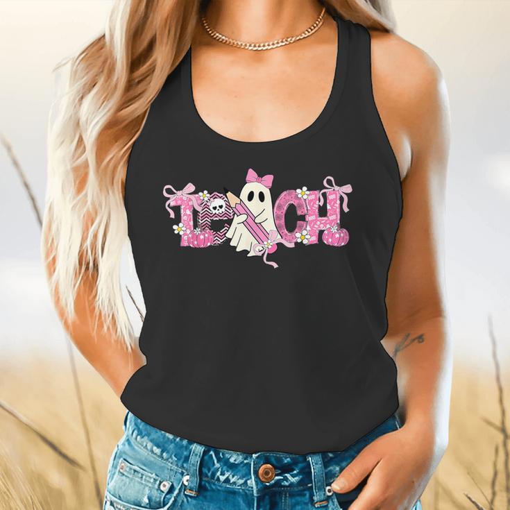 Pink Ghost Teach Halloween Teacher In Spooky Season Flowy Tank, gift for family, gift for coworker