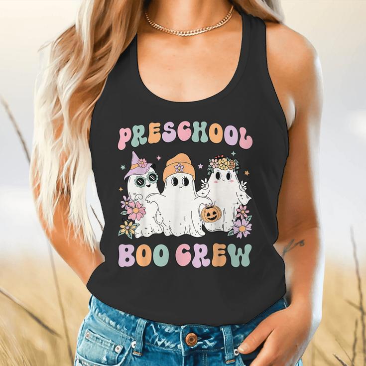 Preschool Boo Crew Groovy Halloween Floral Ghost Teacher Men Women Kids Flowy Tank, gift for family, gift for coworker