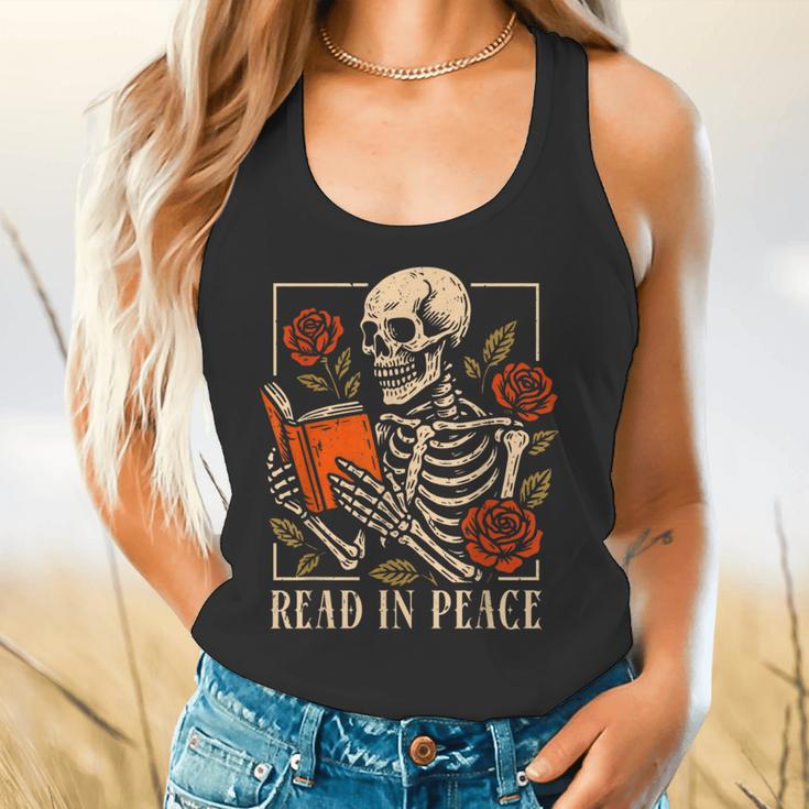 Read In Peace Skeleton Reading Book Halloween Teacher Flowy Tank, gift for family, gift for coworker Read In Peace Skeleton Reading Book Halloween Teacher Flowy Tank, gift for family, gift for coworker