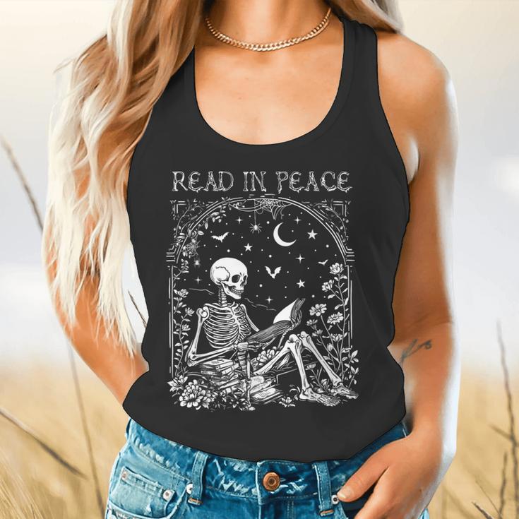 Read In Peace Skeleton Reading Teacher Spooky Halloween Flowy Tank, gift for family, gift for coworker