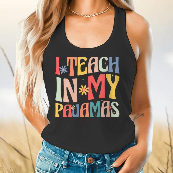 I Teach In My Pajamas Retro Groovy Teacher Humor Flowy Tank, gift for family, gift for coworker