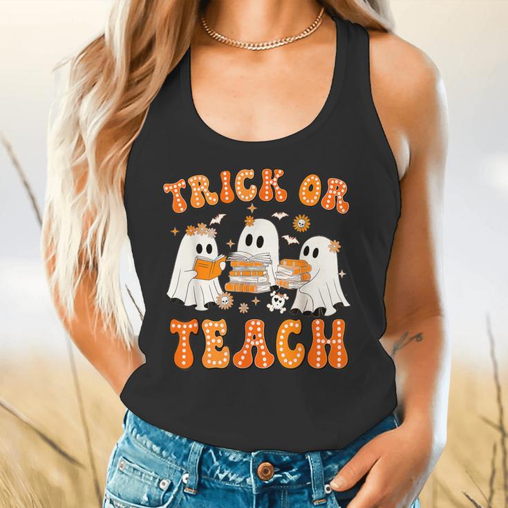 Teacher Halloween Trick Or Teach Retro Groovy Floral Ghost Flowy Tank, gift for family, gift for coworker Teacher Halloween Trick Or Teach Retro Groovy Floral Ghost Flowy Tank, gift for family, gift for coworker