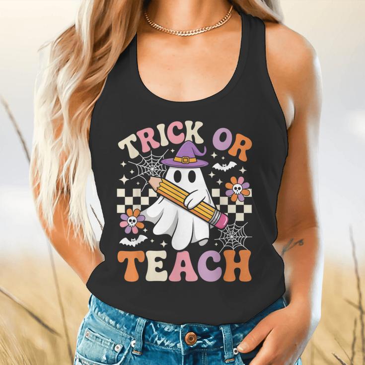Trick Or Teach Groovy Teacher Halloween Retro Ghost Flowy Tank, gift for family, gift for coworker Trick Or Teach Groovy Teacher Halloween Retro Ghost Flowy Tank, gift for family, gift for coworker