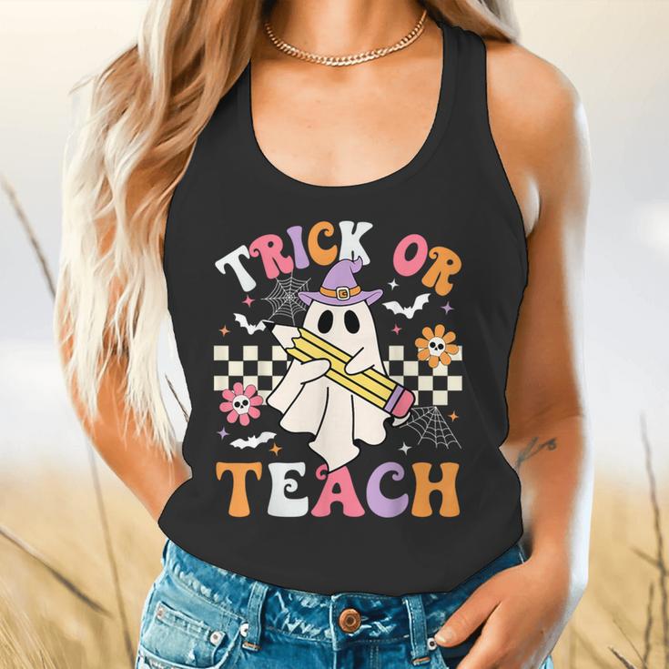 Trick Or Teach Groovy Teacher Halloween Retro Teacher Ghost Flowy Tank, gift for family, gift for coworker