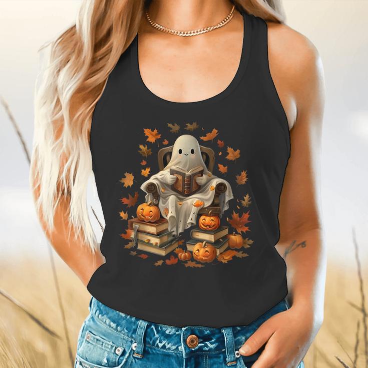 Vintage Ghost Book Reading Pumpkin Gothic Halloween Teachers Men Women Kids Flowy Tank, gift for family, gift for coworker