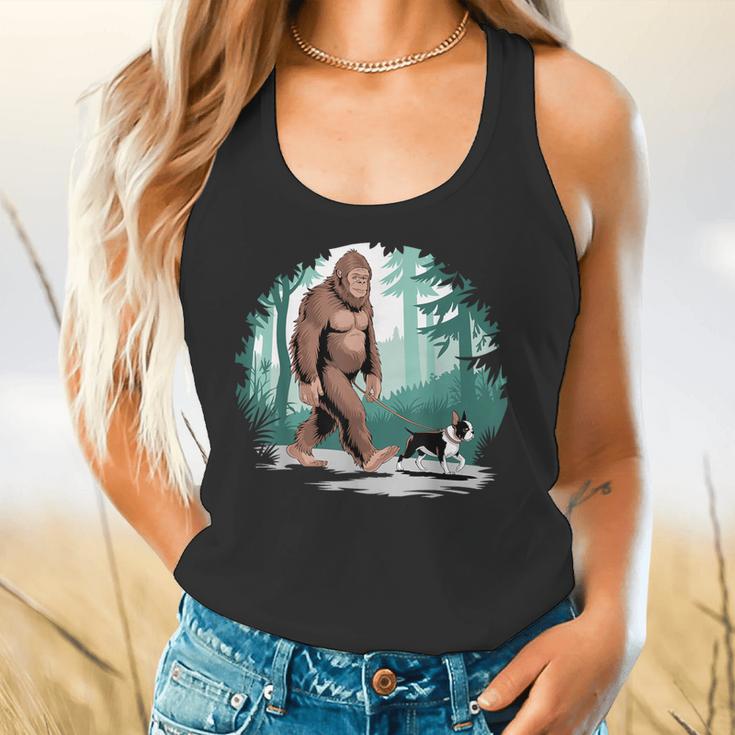 Whimsical Forest Adventures Sasquatch Bigfoot Walking Boston Terrier Dog Lovers Flowy Tank, gift for family, gift for coworker