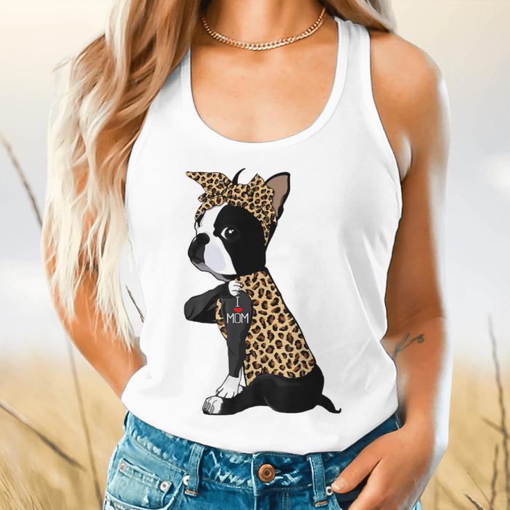 Boston Terrier Lover I Love Mom Tattoo Leopard Flowy Tank, gift for family, gift for coworker