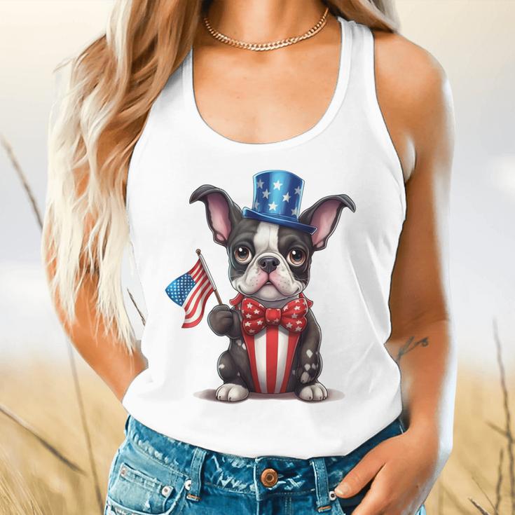 Boston Terrier Puppy Dog Holds His American Flag 4th Of July Flowy Tank, gift for family, gift for coworker