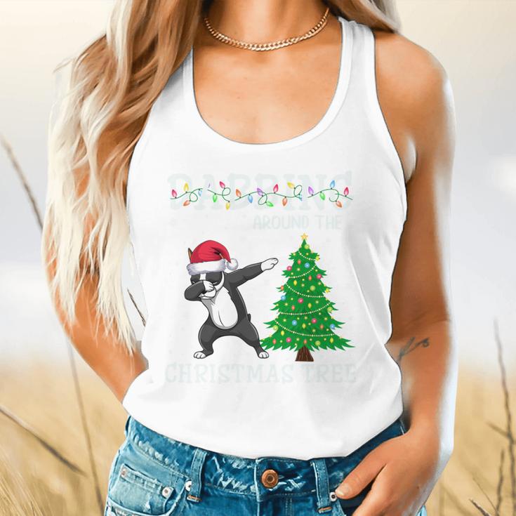 Boston Terrier Santa Hat Dabbing Around The Christmas Tree Flowy Tank, gift for family, gift for coworker