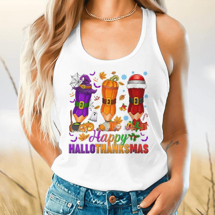 Happy Hallothanksmas Halloween Thanksgiving Pencils Teachers Flowy Tank, gift for family, gift for coworker