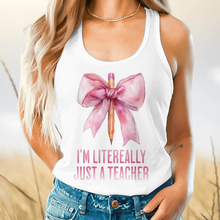 I'm Literally Just a Teacher Pencil Coquette Bow School Flowy Tank, gift for family, gift for coworker I'm Literally Just a Teacher Pencil Coquette Bow School Flowy Tank, gift for family, gift for coworker