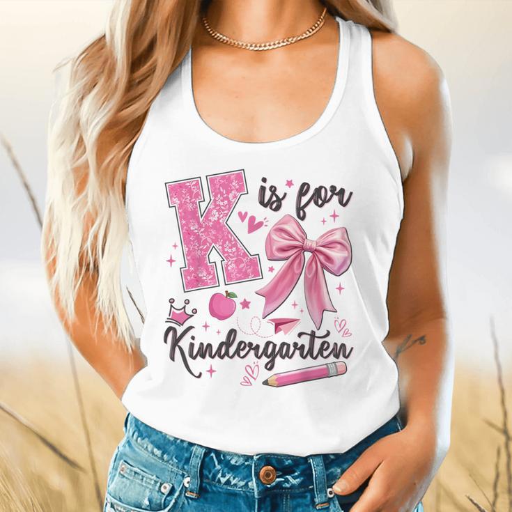 K Is For Kindergarten Teacher Coquette Bow Back To School Flowy Tank, gift for family, gift for coworker K Is For Kindergarten Teacher Coquette Bow Back To School Flowy Tank, gift for family, gift for coworker