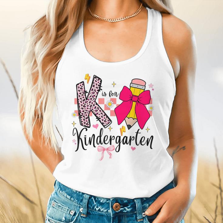 K Is For Kindergarten Teacher Coquette Bow Back To School Flowy Tank, gift for family, gift for coworker K Is For Kindergarten Teacher Coquette Bow Back To School Flowy Tank, gift for family, gift for coworker