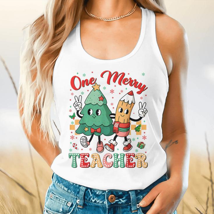 One Merry Teacher Groovy Christmas Tree Pjs Xmas Teacher Flowy Tank, gift for family, gift for coworker