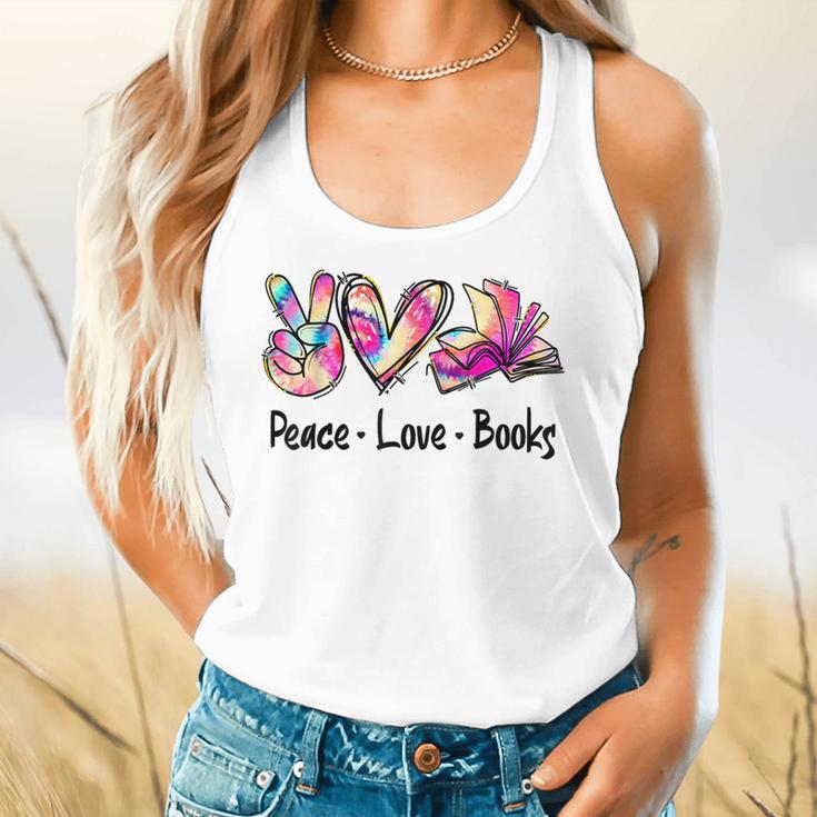Peace Love Books Librarian Teacher Life Book Library Tie Dye Flowy Tank, gift for family, gift for coworker