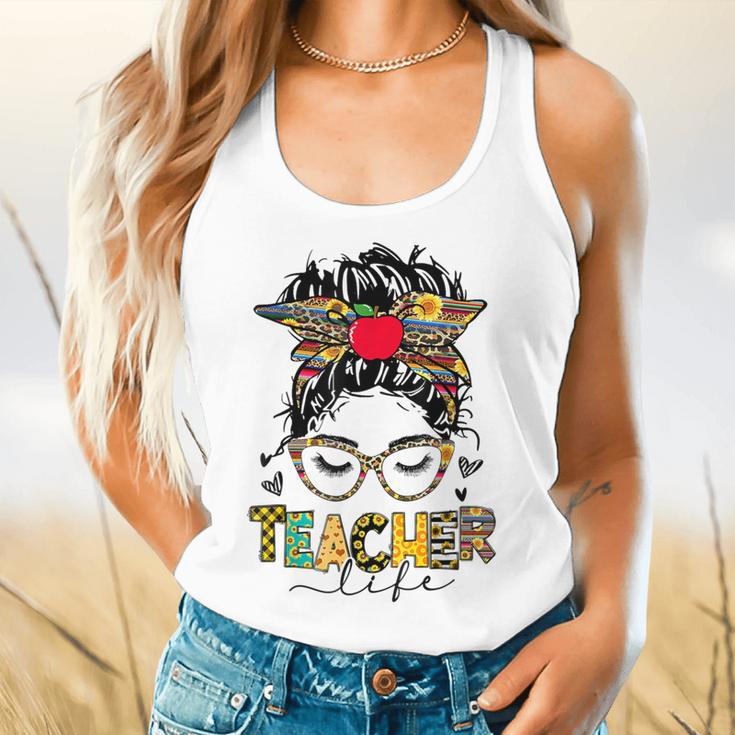 Teacher Life Messy Bun Glasses Leopard Sunflower Flowy Tank, gift for family, gift for coworker Teacher Life Messy Bun Glasses Leopard Sunflower Flowy Tank, gift for family, gift for coworker