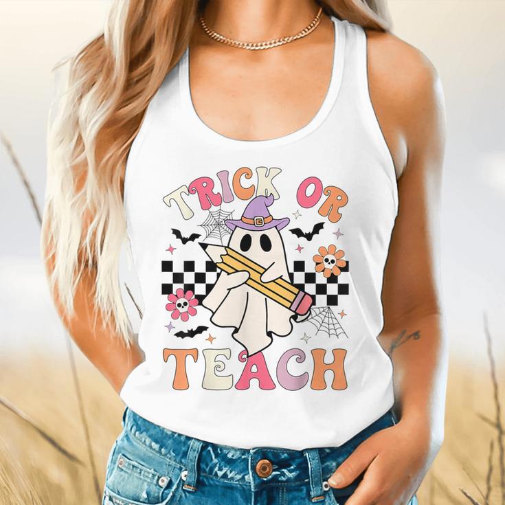 Trick Or Teach Groovy Teacher Halloween Retro Floral Ghost Flowy Tank, gift for family, gift for coworker Trick Or Teach Groovy Teacher Halloween Retro Floral Ghost Flowy Tank, gift for family, gift for coworker
