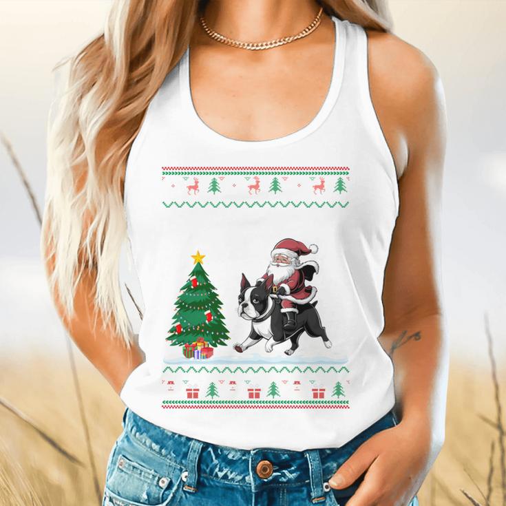 Ugly Christmas Tree Lights Xmas Santa Riding Boston Terrier Flowy Tank, gift for family, gift for coworker
