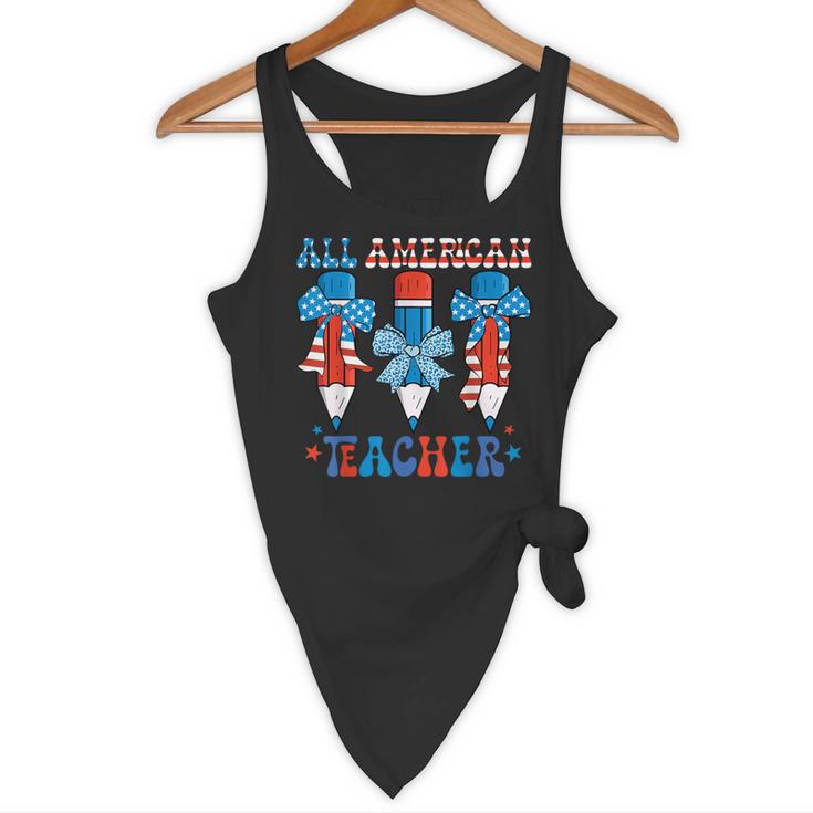 All American Teacher Pencil Coquette Bow USA Flag Teachers Flowy Tank, novelty gifts, funny gifts