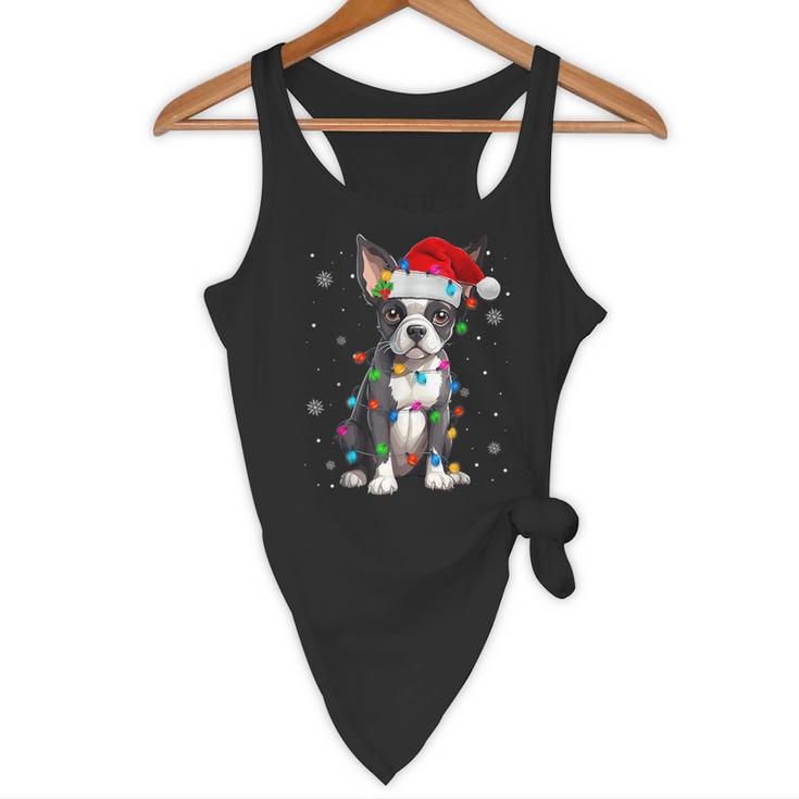 Boston Terrier Christmas Santa Hat Tree Lights Pajama Flowy Tank, novelty gifts, funny gifts