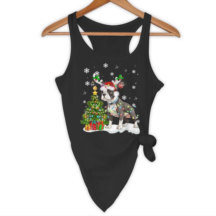 Boston Terrier Christmas Tree Lights Santa Hat Flowy Tank, novelty gifts, funny gifts