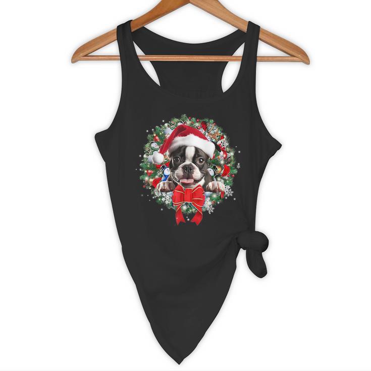 Boston Terrier Christmas Wreath Decoration Xmas Pajamas Flowy Tank, novelty gifts, funny gifts