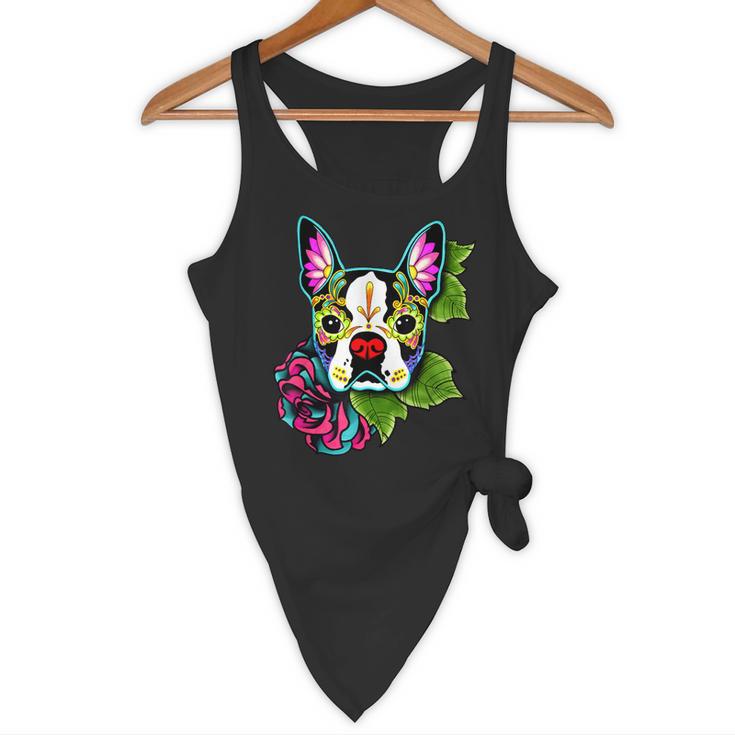 Boston Terrier In Day Of The Dead Sugar Skull Dog Flowy Tank, novelty gifts, funny gifts