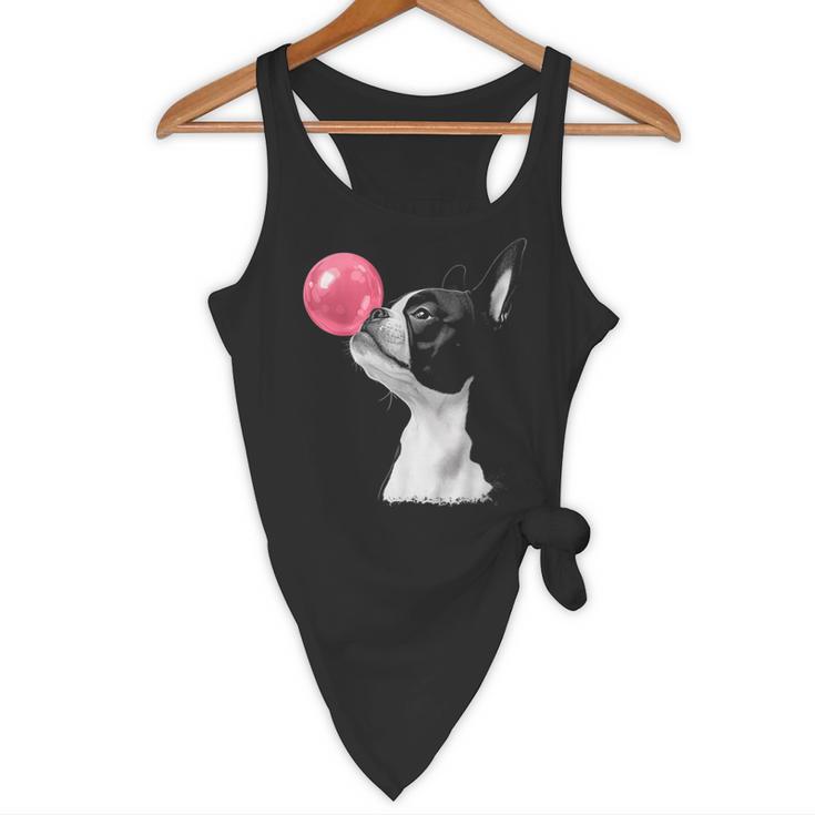 Boston Terrier Dog Blowing Chewing Bubble Gum Pink Flowy Tank, novelty gifts, funny gifts