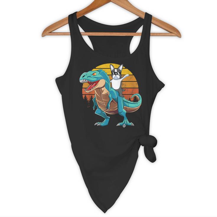 Boston Terrier Dog Riding Dinosaur T Rex Boys Flowy Tank, novelty gifts, funny gifts