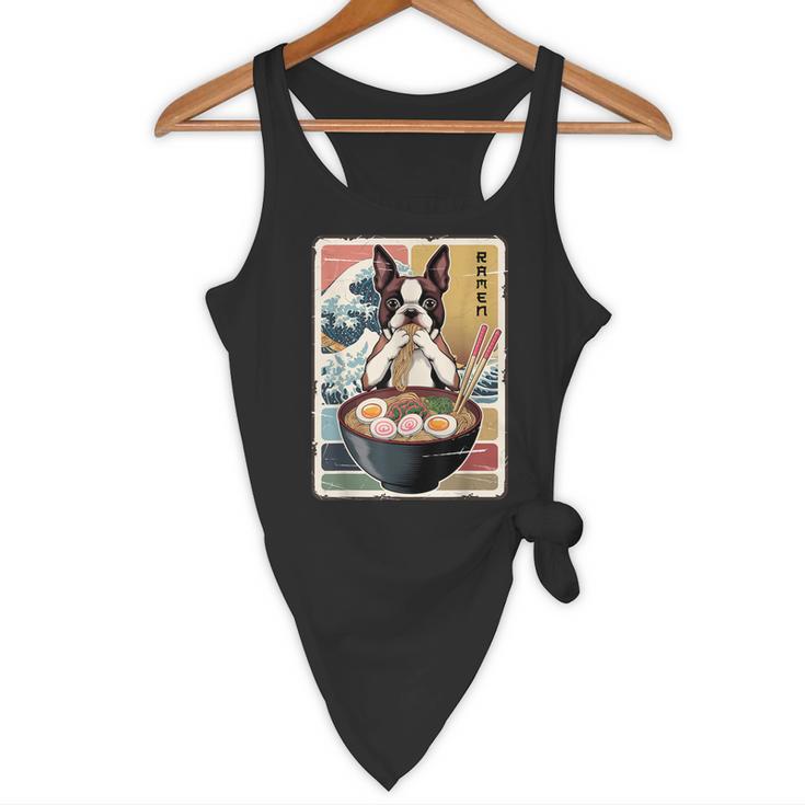 Boston Terrier Ramen Noodles Japanese Art Retro Ocean Waves Flowy Tank, novelty gifts, funny gifts