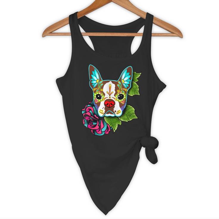 Boston Terrier In Red Day Of The Dead Sugar Skull Dog Flowy Tank, novelty gifts, funny gifts