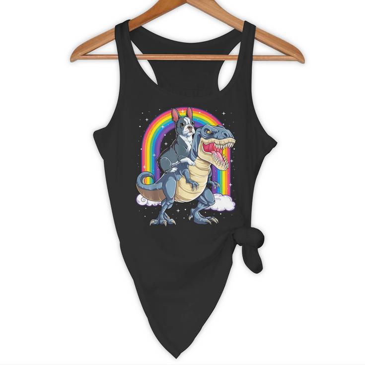 Boston Terrier Riding Dinosaur T-Rex Boys Kids Rainbow Flowy Tank, novelty gifts, funny gifts