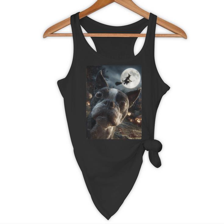 Boston Terrier Selfie Full Moon Flying Witch Halloween Dog Flowy Tank, novelty gifts, funny gifts