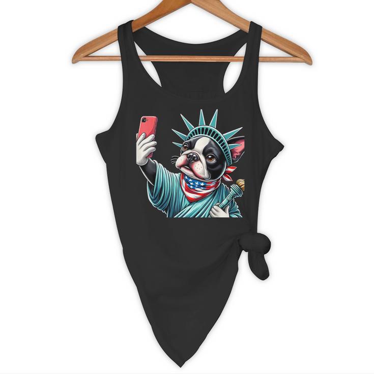 Boston Terrier Selfie Statue Of Liberty 4th Of July American Flowy Tank, novelty gifts, funny gifts