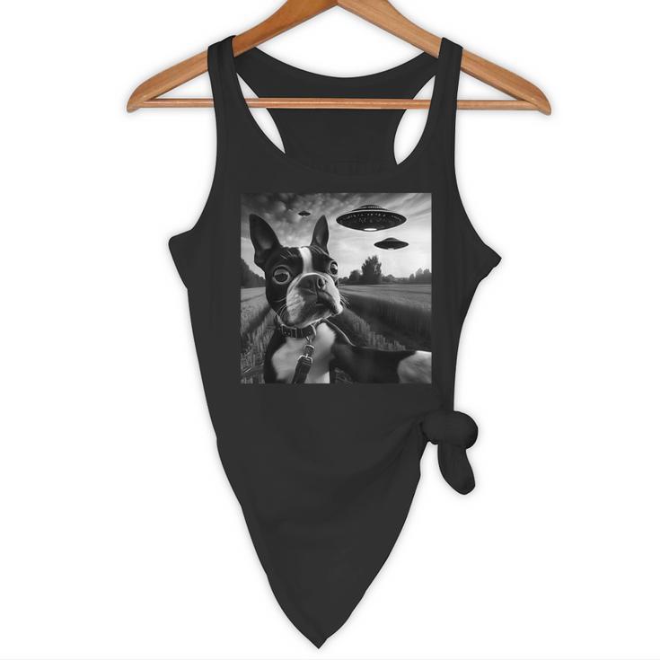 Boston Terrier Graphic Selfie With UFOs Weird Aliens Flowy Tank, novelty gifts, funny gifts