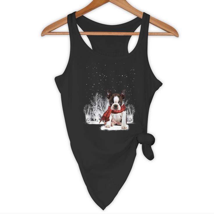 Boston Terrier In The Snow Merry Christmas Winter Flowy Tank, novelty gifts, funny gifts