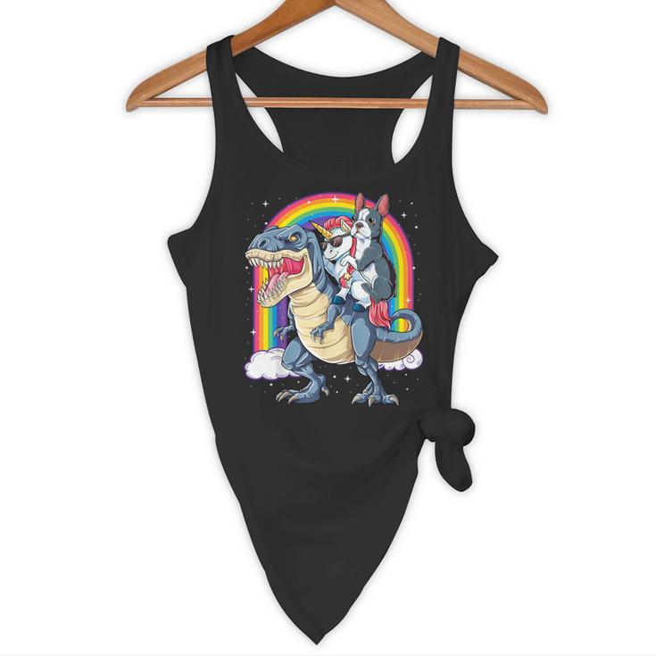 Boston Terrier Unicorn Riding Dinosaur T-Rex Girls Rainbow Flowy Tank, novelty gifts, funny gifts