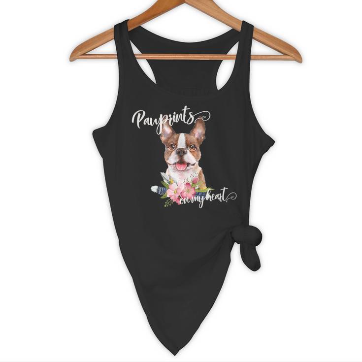 Brown Boston Terrier With Flowers And Feathers Flowy Tank, novelty gifts, funny gifts