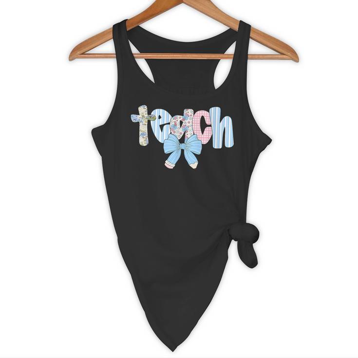 Coquette Bow Teach Teacher Happy First Day Back To School Flowy Tank, novelty gifts, funny gifts
