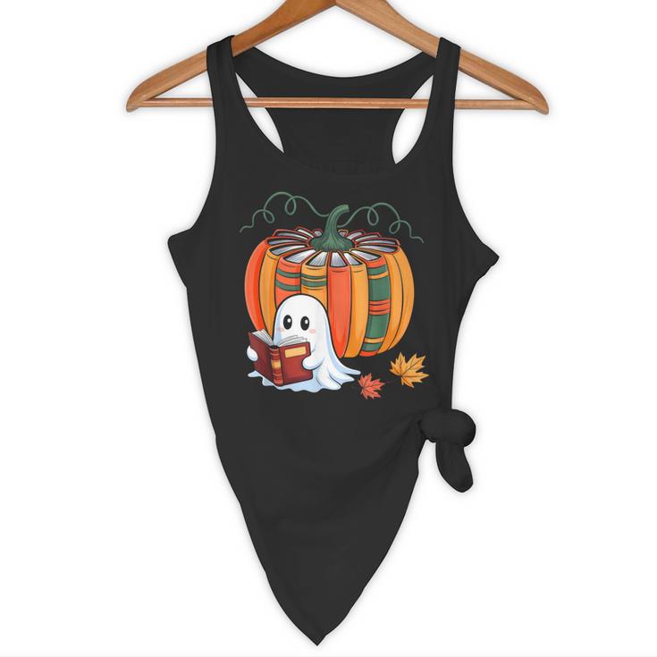 Fall Book Pumpkin Ghost Reading Books Halloween Teacher Flowy Tank, novelty gifts, funny gifts