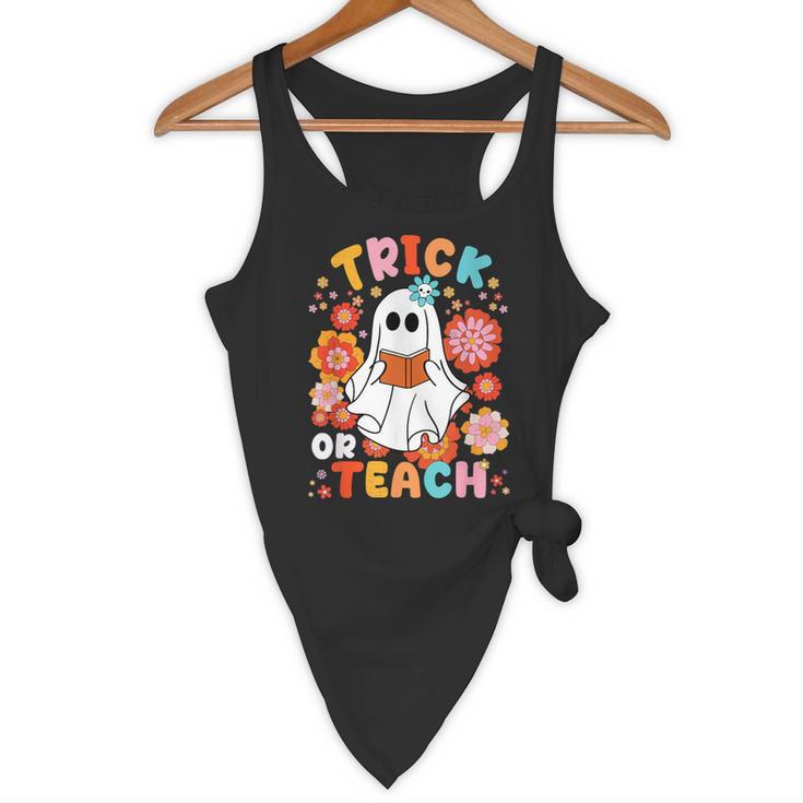 Groovy Halloween Trick Or Teach Retro Floral Ghost Teacher For Men Women Kids Flowy Tank, novelty gifts, funny gifts