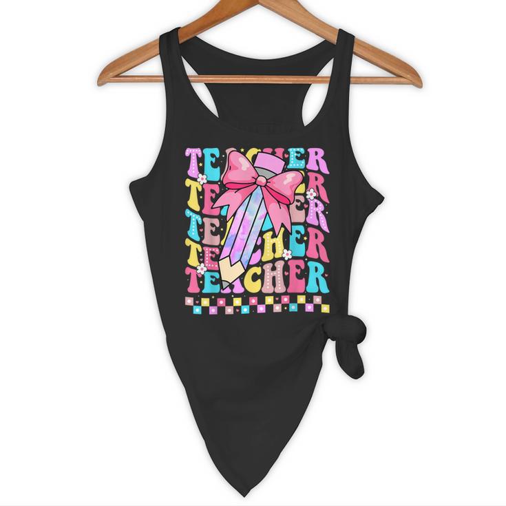 Groovy Teacher Cute Coquette Bow Flower Retro Back To School Flowy Tank, novelty gifts, funny gifts Groovy Teacher Cute Coquette Bow Flower Retro Back To School Flowy Tank, novelty gifts, funny gifts